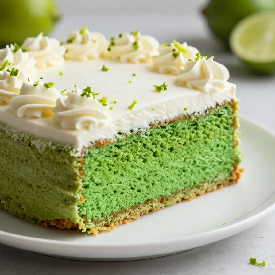 Foto de um bolo verde limão com cobertura cremosa de leite condensado em um prato branco.
