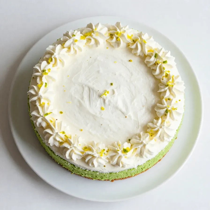 Foto de um bolo verde limão com cobertura cremosa de leite condensado em um prato branco.