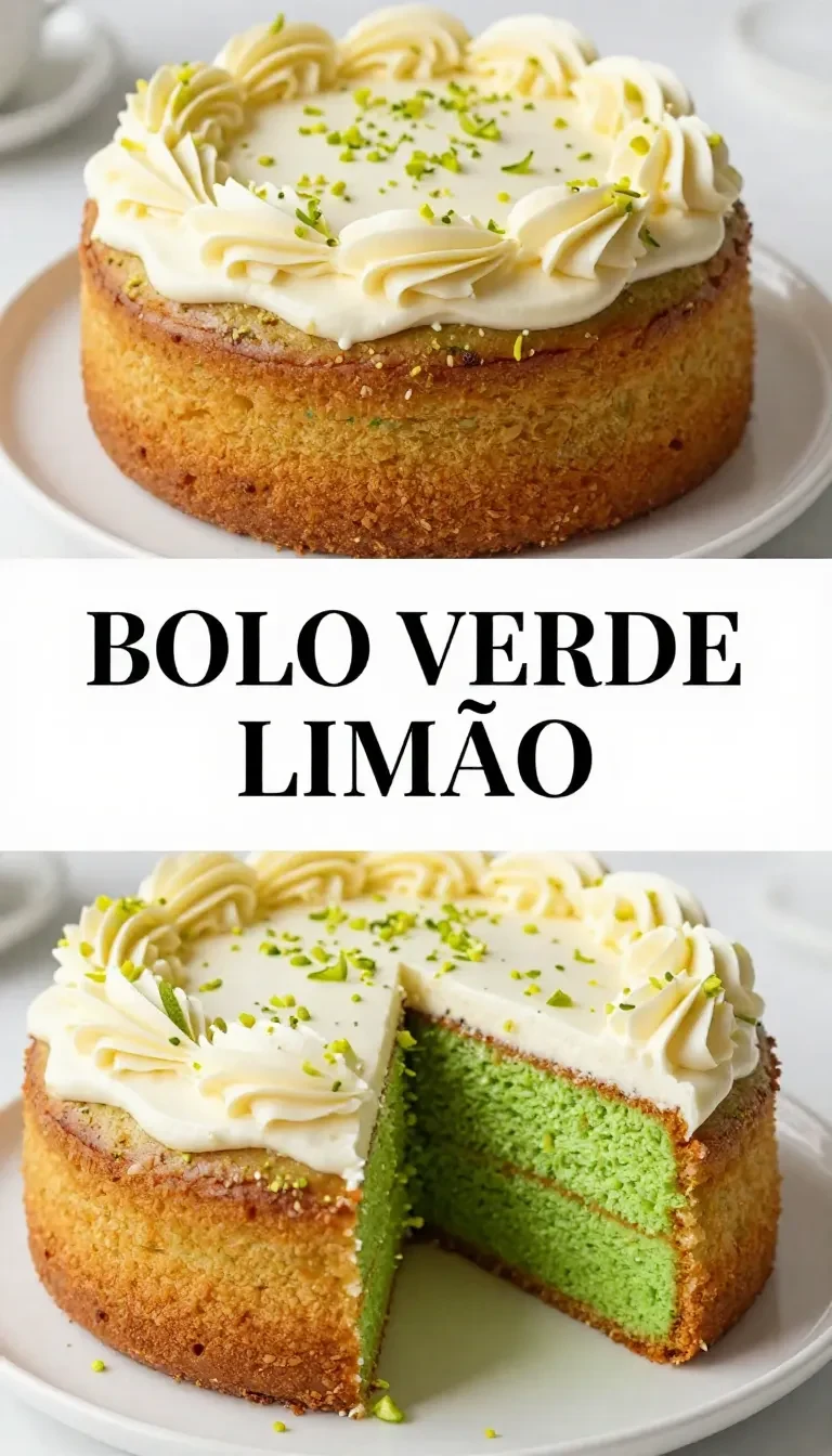 Foto de um bolo verde limão com cobertura cremosa de leite condensado em um prato branco.