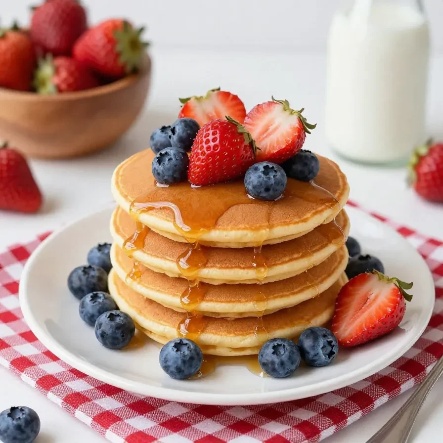 Panquecas americanas servidas em prato branco com cobertura de mel e frutas vermelhas.