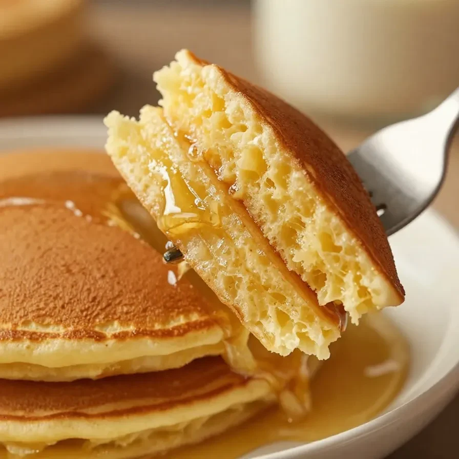 Panquecas americanas servidas em prato branco com cobertura de mel e frutas vermelhas.