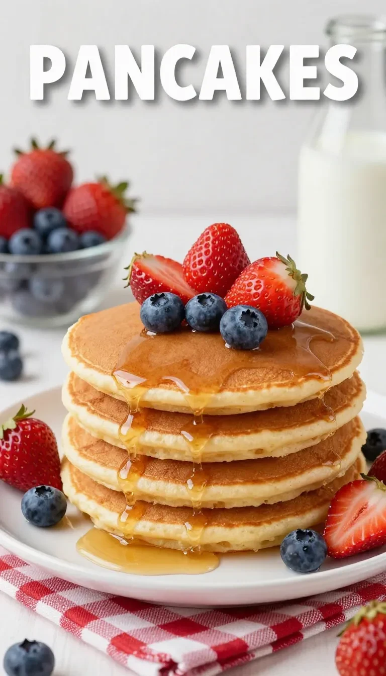 Panquecas americanas servidas em prato branco com cobertura de mel e frutas vermelhas.