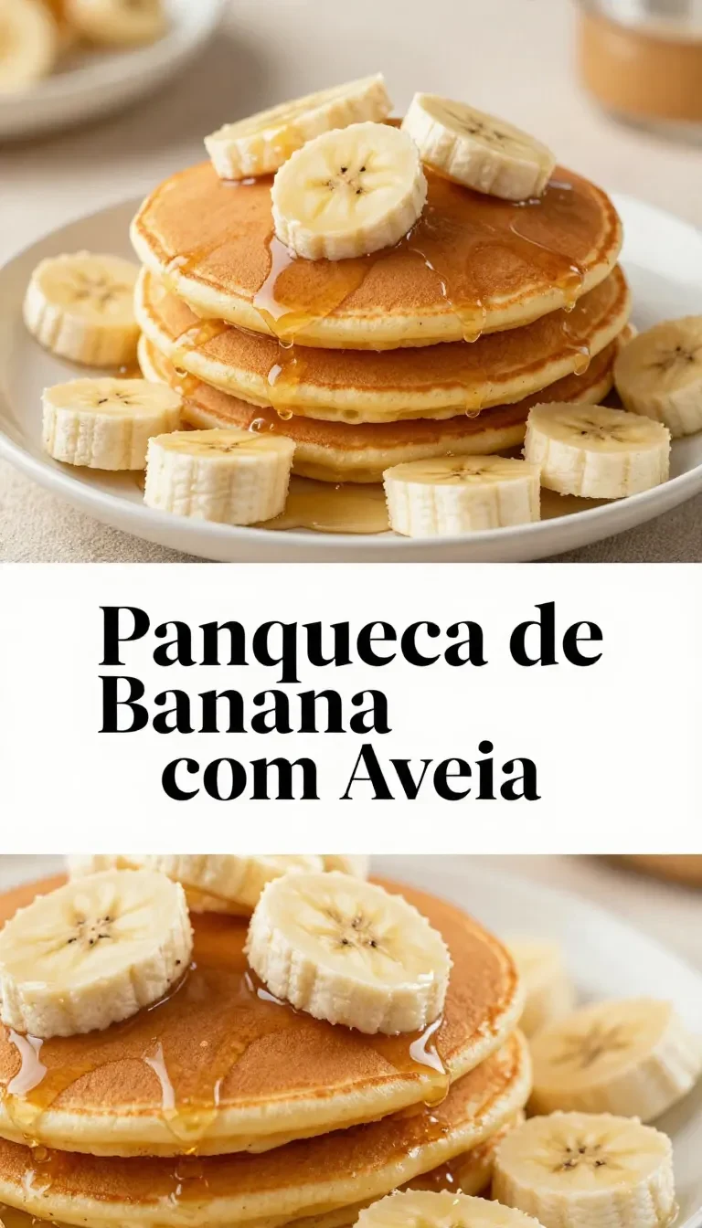 Panqueca de banana com aveia servida em um prato branco, acompanhada de frutas frescas.