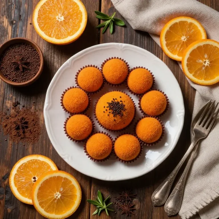 Brigadeiro de laranja servido em uma mesa com raspas de laranja ao lado.