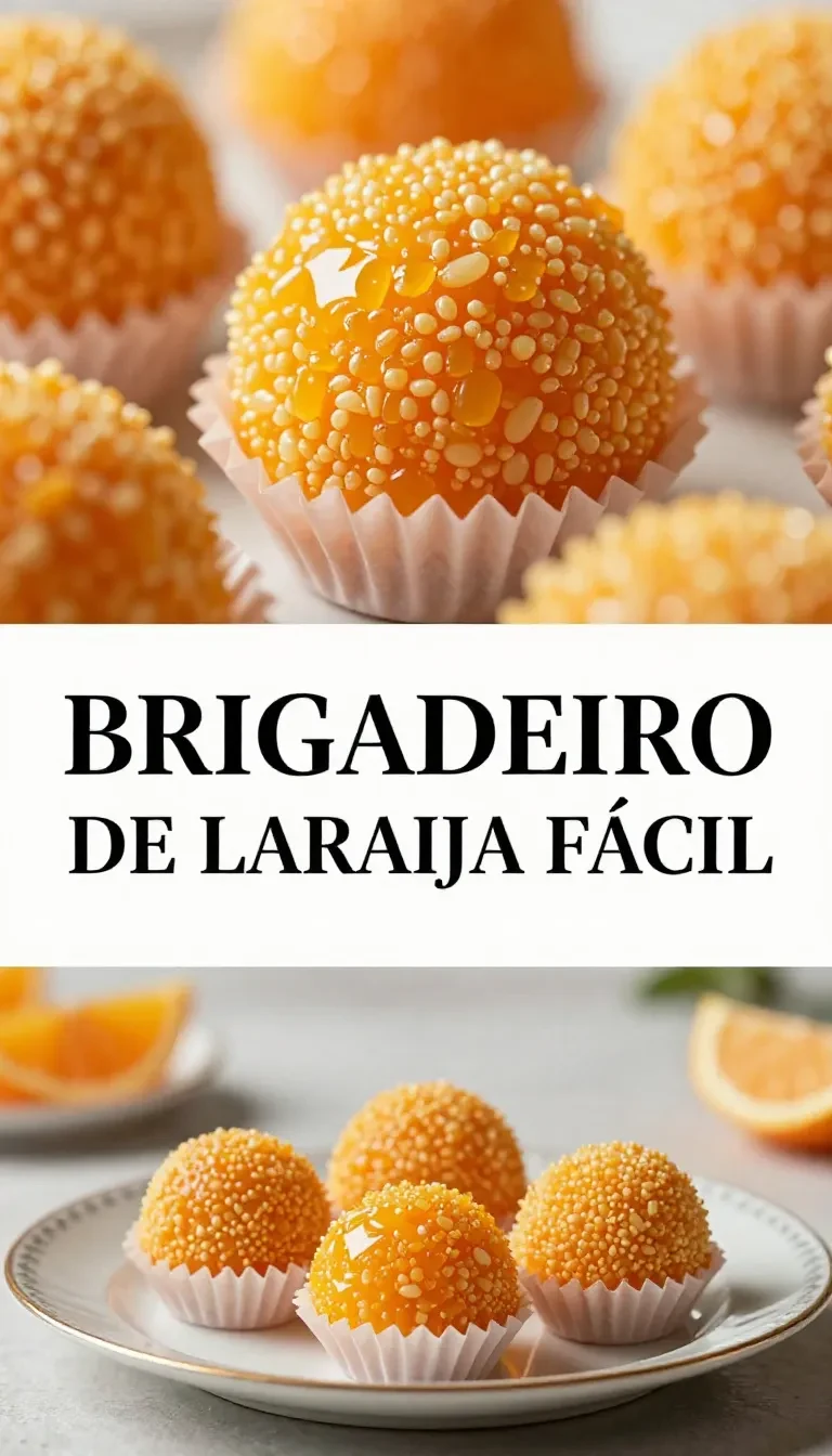 Brigadeiro de laranja servido em uma mesa com raspas de laranja ao lado.