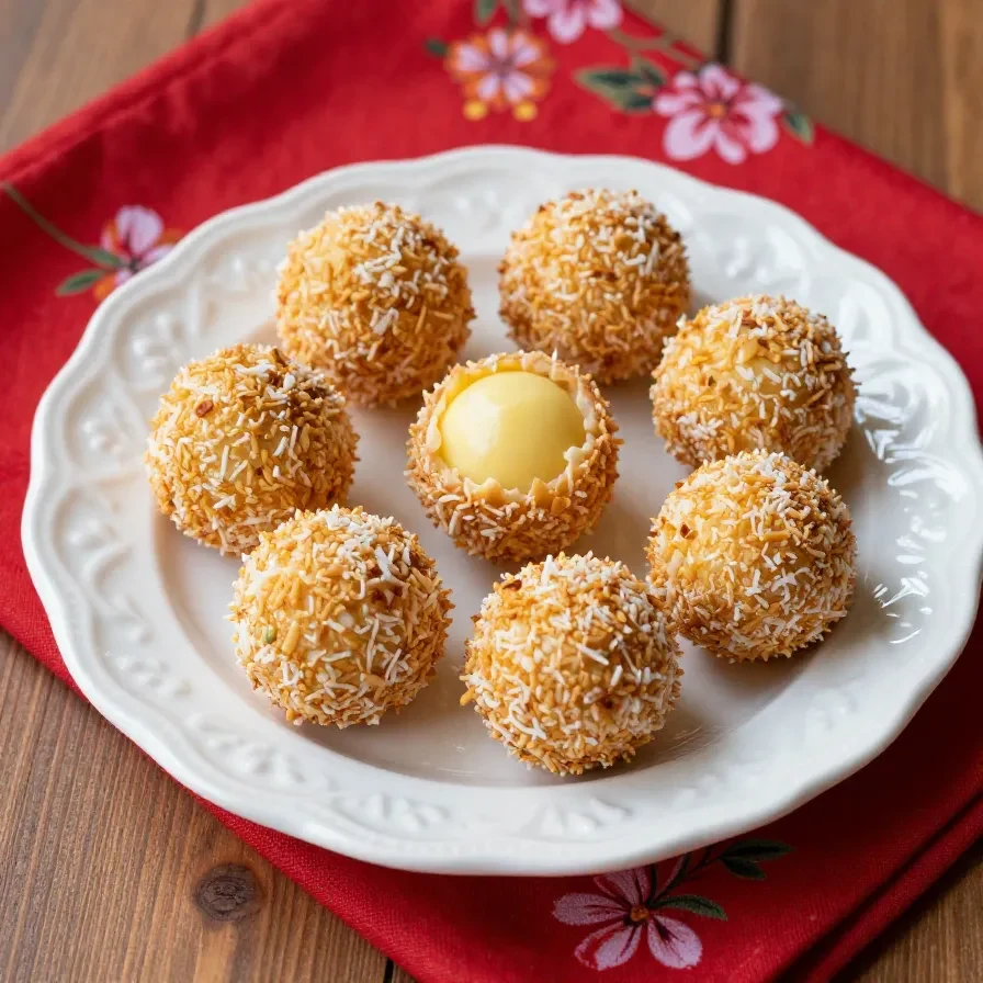 Brigadeiro de quindim servido em uma bandeja decorativa.