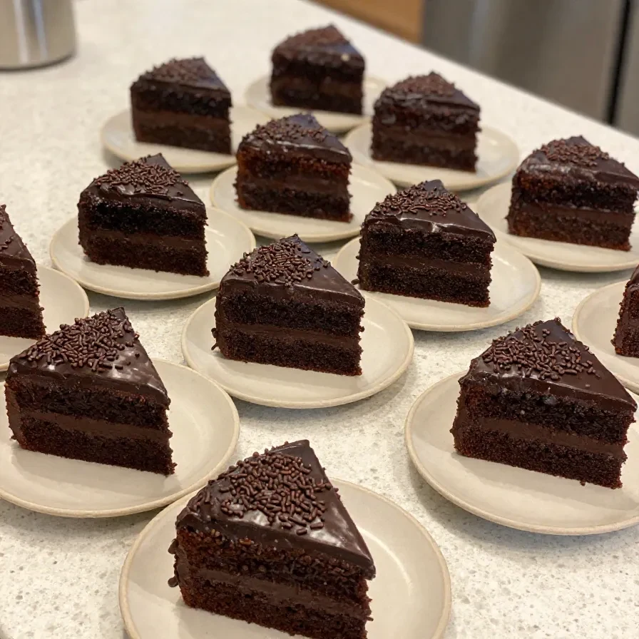 Bolo gelado de brigadeiro com cobertura cremosa e granulado de chocolate.