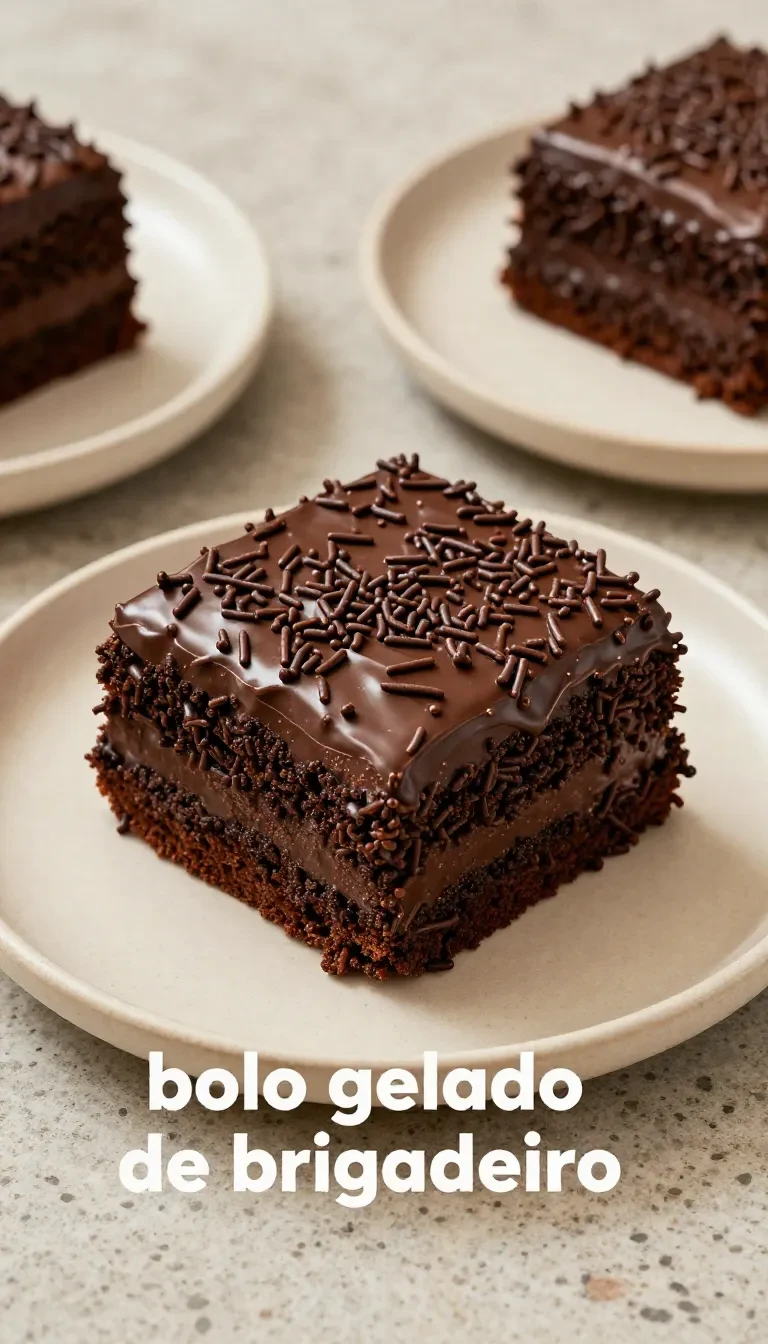 Bolo gelado de brigadeiro com cobertura cremosa e granulado de chocolate.