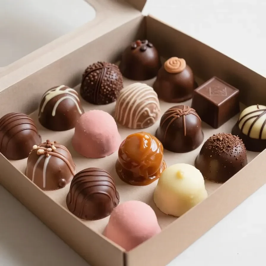 Imagem de brigadeiros gourmet decorados em uma mesa de madeira.