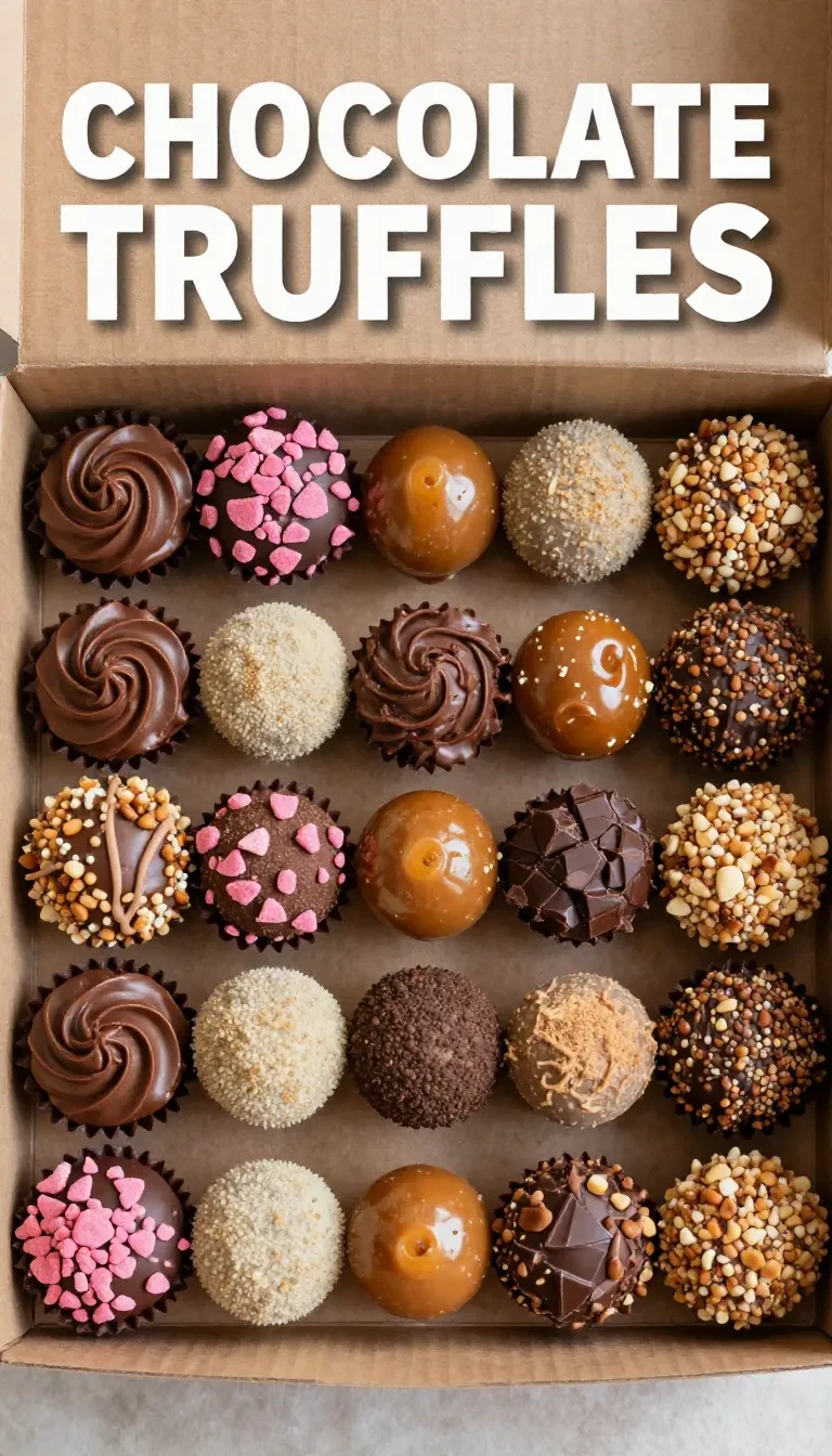 Imagem de brigadeiros gourmet decorados em uma mesa de madeira.
