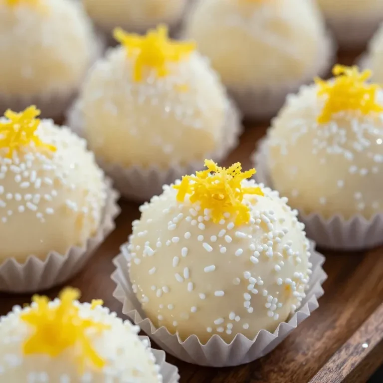 Brigadeiros de limão siciliano decorados com raspas de limão em uma mesa de madeira.