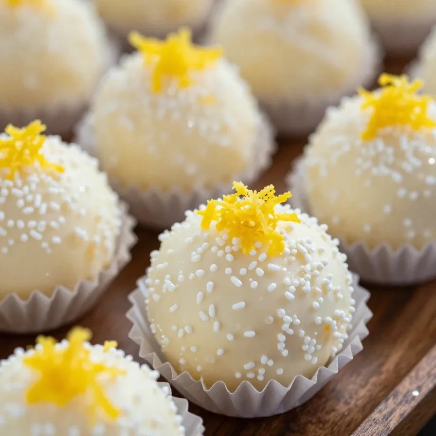 Brigadeiros de limão siciliano decorados com raspas de limão em uma mesa de madeira.