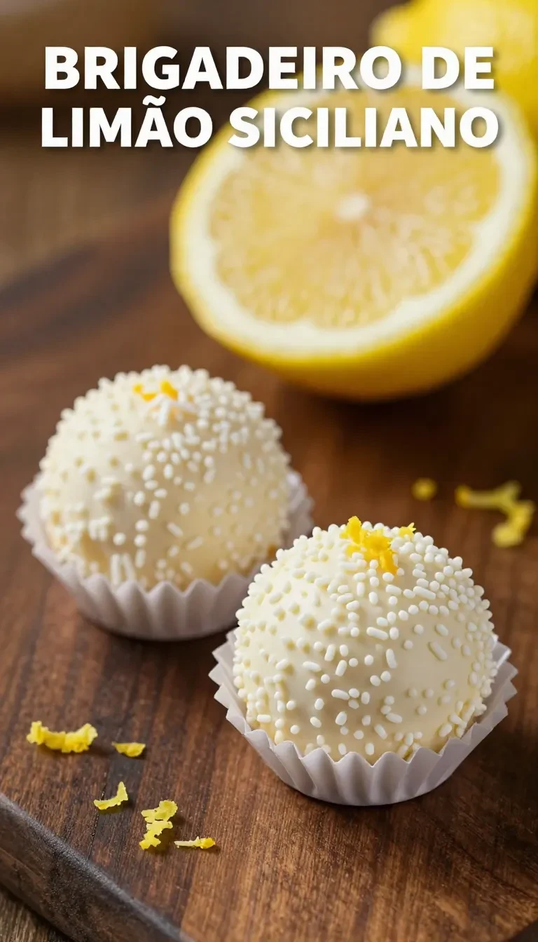 Brigadeiros de limão siciliano decorados com raspas de limão em uma mesa de madeira.