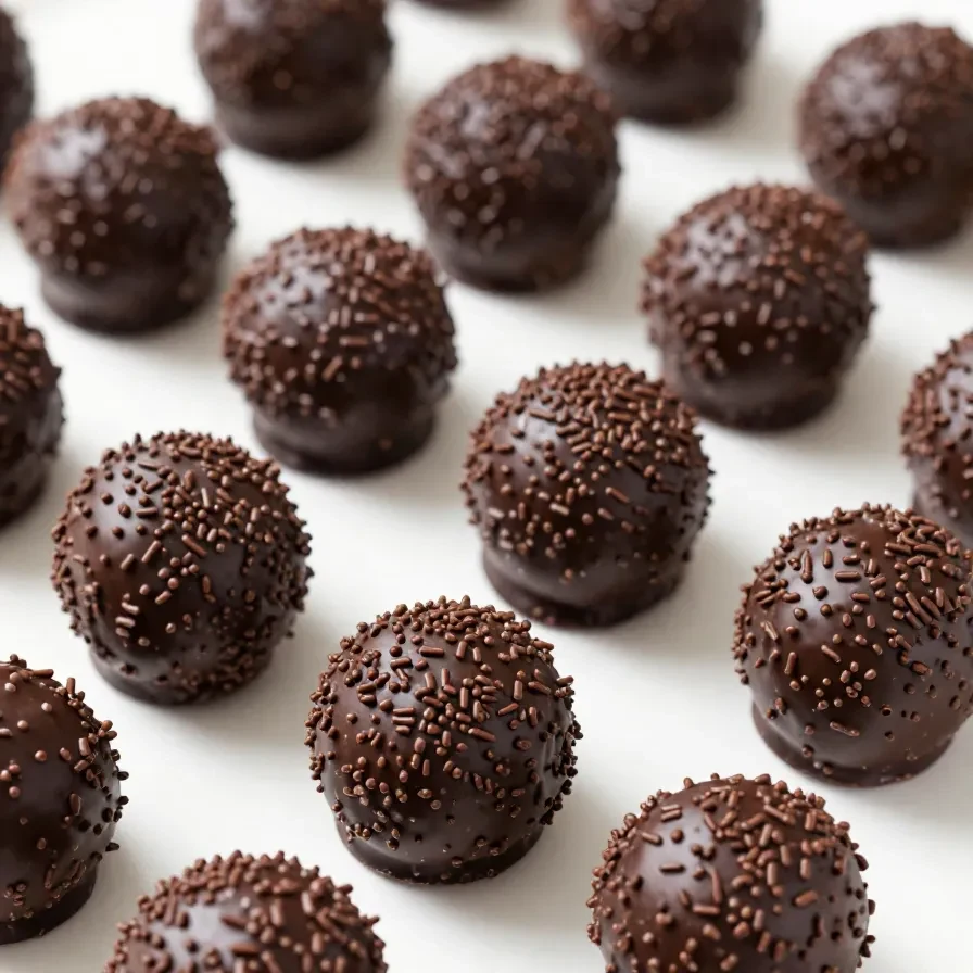 Uma bandeja cheia de brigadeiros de chocolate tradicionais decorados com granulado.