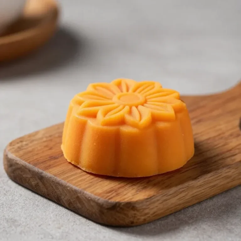Brigadeiro de damasco decorado em uma mesa de madeira.