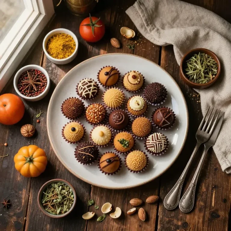 Brigadeiros gourmet decorados em uma mesa de madeira.