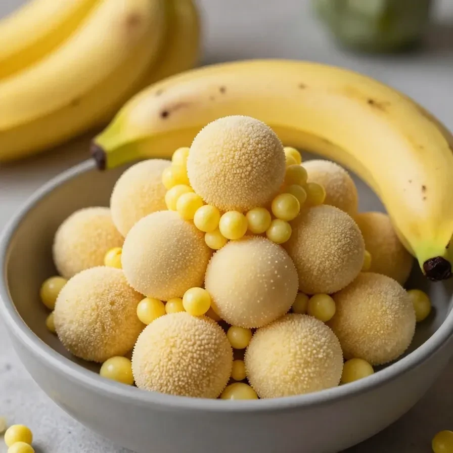 Brigadeiro de banana servido em uma mesa com decoração rústica.