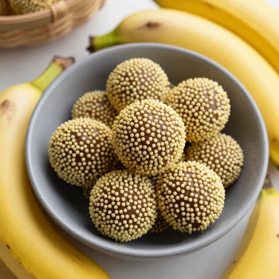 Brigadeiro de banana servido em uma mesa com decoração rústica.