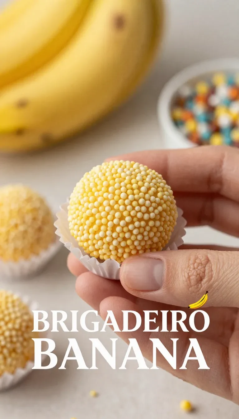 Brigadeiro de banana servido em uma mesa com decoração rústica.